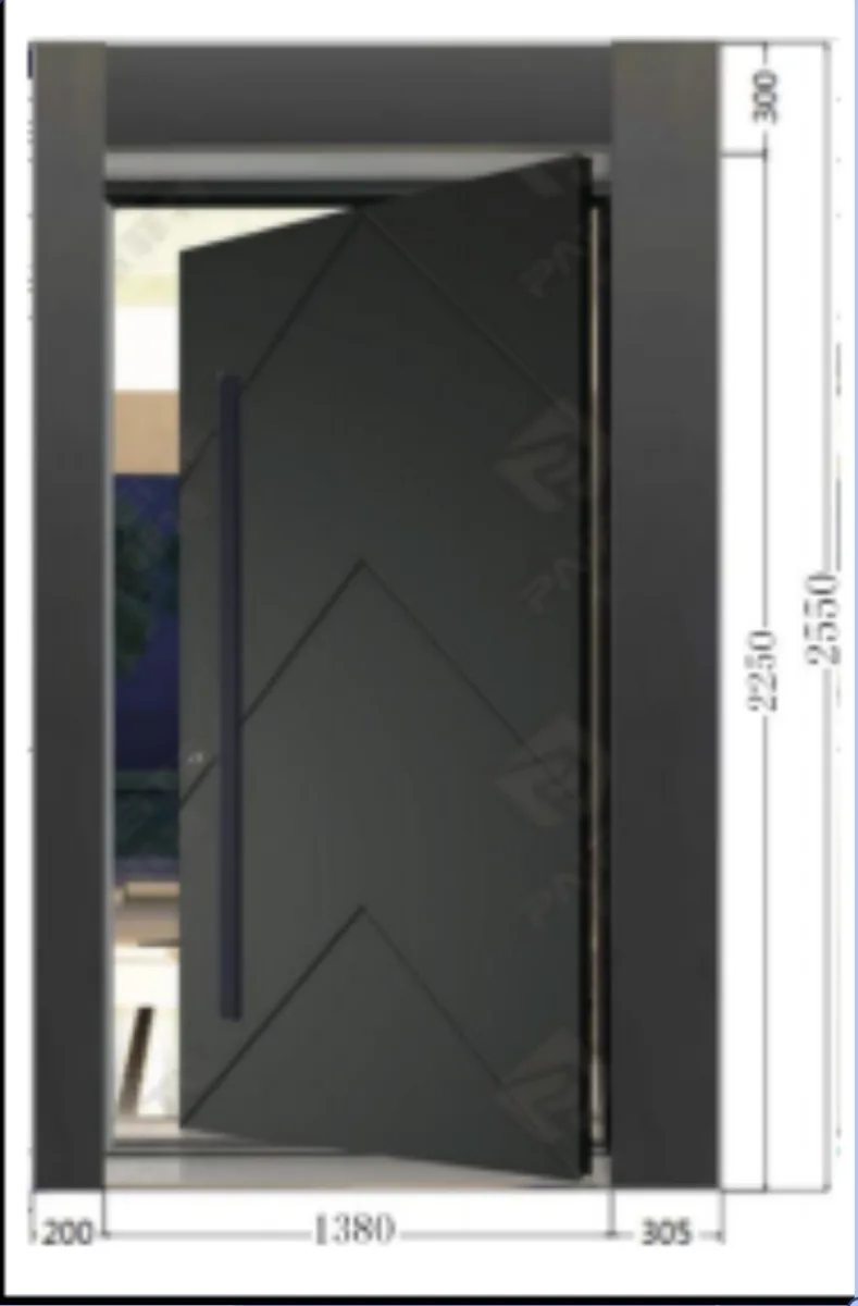 Brand new aluminium entrance pivot door. Dimensions 1.40m x 2.25m. Total dimensions with additiona